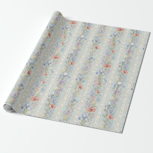 Blauwe Wilde Bloem Kant Streep Waterverf Cadeau Cadeaupapier