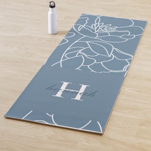 Blauwe wilde bloem lijnkunst aangepaste monogramna yogamat (In situ)