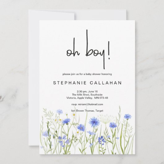 Blauwe wilde bloem oh jongen baby shower uitnodigi kaart (Voorkant)