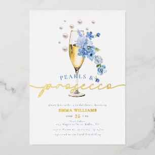 Blauwe Wilde Bloem Parels & Prosecco Bruidsfeest Folie Uitnodiging