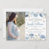 Blauwe wilde bloem vlinder baby jongen douche foto kaart (Voorkant)