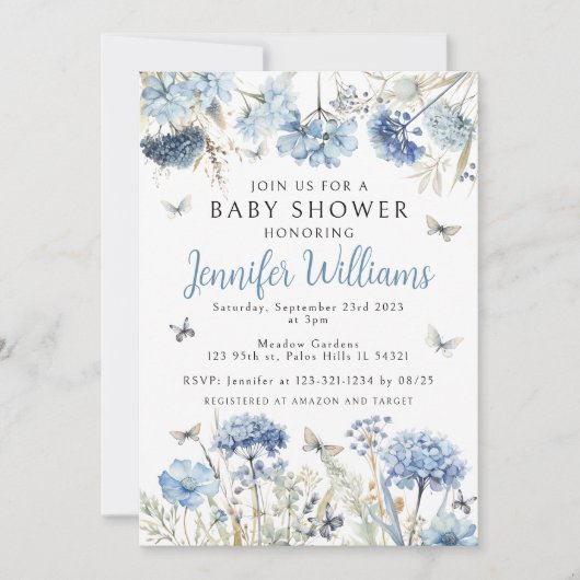 Blauwe wilde bloem vlinder baby jongen douche kaart (Voorkant)