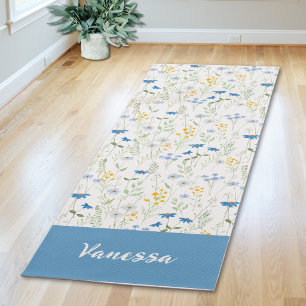 Blauwe wilde bloem waterverf aangepaste naam yogamat