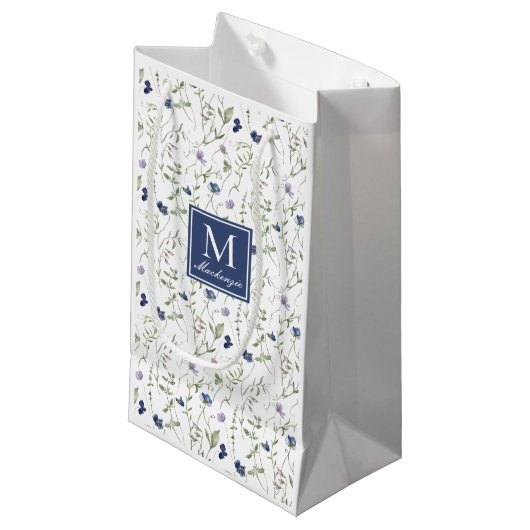 Blauwe wilde bloem waterverf monogram klein cadeauzakje (Voorkant Gekanteld)