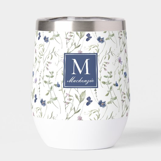 Blauwe wilde bloem waterverf monogram naam (Achterkant)