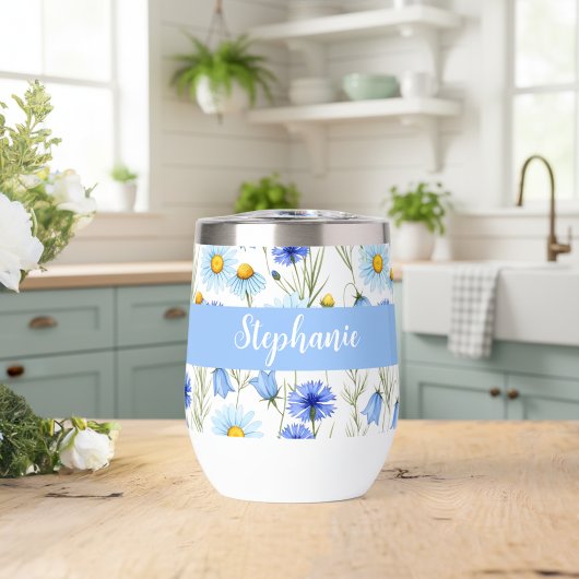 Blauwe Wilde Bloem Waterverf Monogram Naam