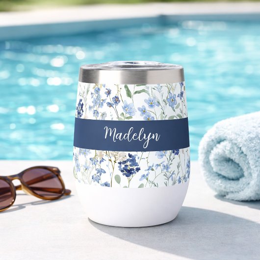 Blauwe Wilde Bloem Waterverf Monogram Naam