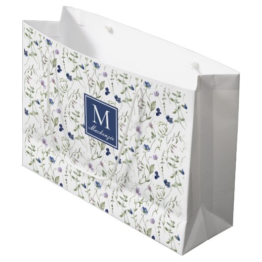 Blauwe wilde bloem waterverf monogram naam groot cadeauzakje (Voorkant Gekanteld)