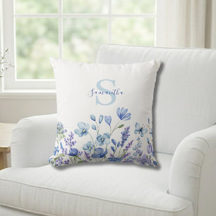 Blauwe wilde bloem waterverf monogram naam Kussen