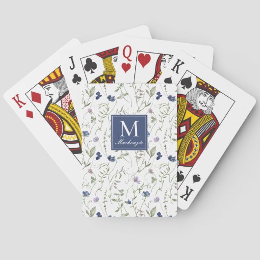 Blauwe wilde bloem waterverf monogram naam pokerkaarten (Achterkant)