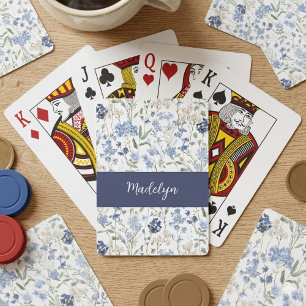 Blauwe Wilde Bloem Waterverf Monogram Naam Pokerkaarten