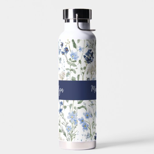 Blauwe wilde bloem waterverf monogram naam waterfles (Links)