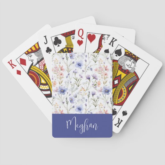 Blauwe Wilde Bloem Waterverf Naam Monogram Pokerkaarten (Achterkant)