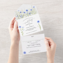 Blauwe wilde bloem Weddenschap Eco Paper Saving All In One Uitnodiging