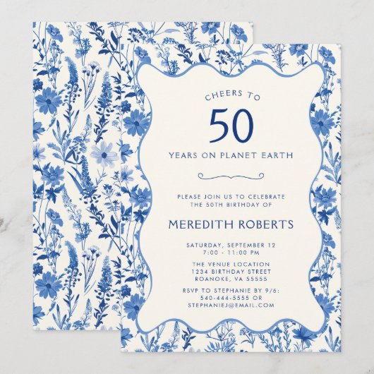  Blauwe Wilde Bloemen 50e Verjaardagsfeest Kaart (Voorkant / Achterkant)