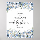 Blauwe Wilde Bloemen Baby Shower Welkom Bord Poste Poster (Voorkant)