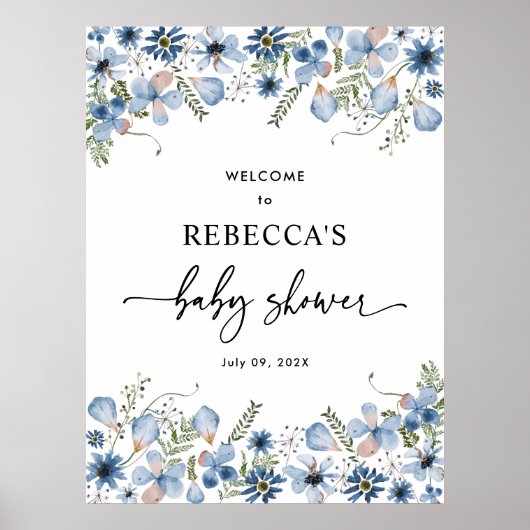 Blauwe Wilde Bloemen Baby Shower Welkom Bord Poste Poster (Voorkant)