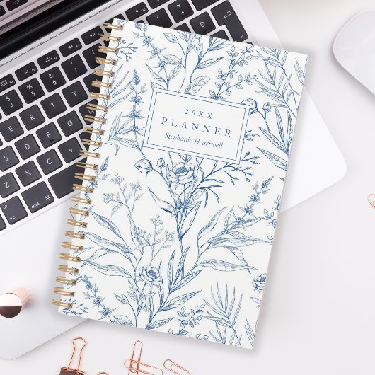 Blauwe Wilde Bloemen Bloempatroon Monogram 2026 Planner