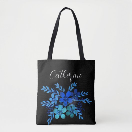 Blauwe wilde bloemen Boho Script Gepersonaliseerde Tote Bag (Voorkant)