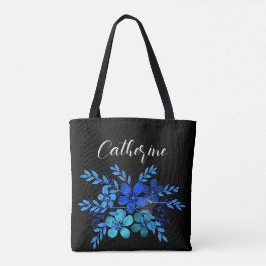 Blauwe wilde bloemen Boho Script Gepersonaliseerde Tote Bag (Achterkant)