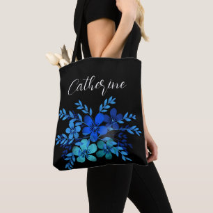 Blauwe wilde bloemen Boho Script Gepersonaliseerde Tote Bag