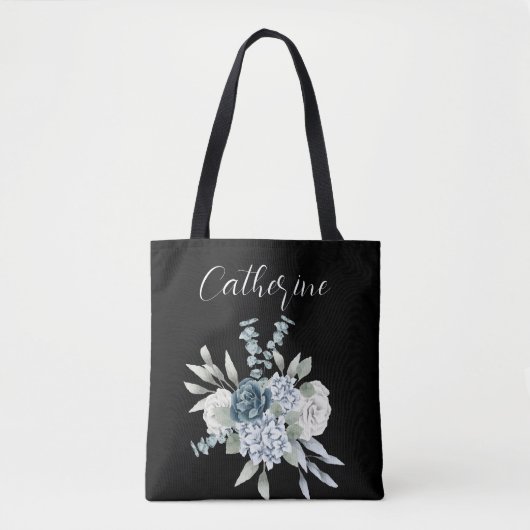 Blauwe wilde bloemen Boho Script Gepersonaliseerde Tote Bag (Voorkant)