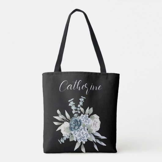 Blauwe wilde bloemen Boho Script Gepersonaliseerde Tote Bag (Achterkant)