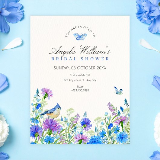 Blauwe wilde bloemen bruidsshower kaart