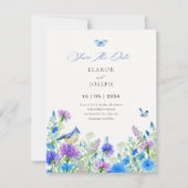 Blauwe wilde bloemen bruiloft save the date (Voorkant)