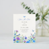 Blauwe wilde bloemen bruiloft save the date (Staand voorkant)