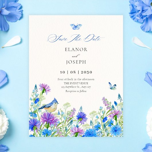 Blauwe wilde bloemen bruiloft save the date