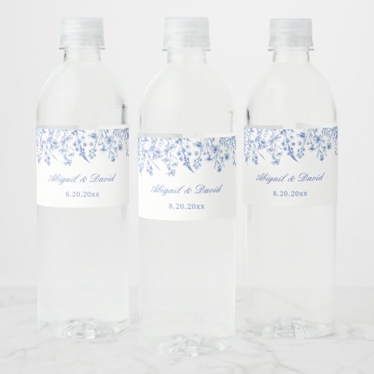 Blauwe Wilde Bloemen Bruiloft Waterfles Etiket (Flessen)