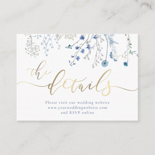 Blauwe wilde bloemen Bruiloft Website Informatiekaartje (Voorkant)