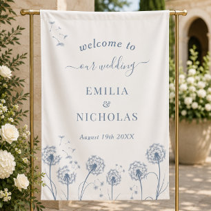 Blauwe wilde bloemen bruiloft welkom bord spandoek