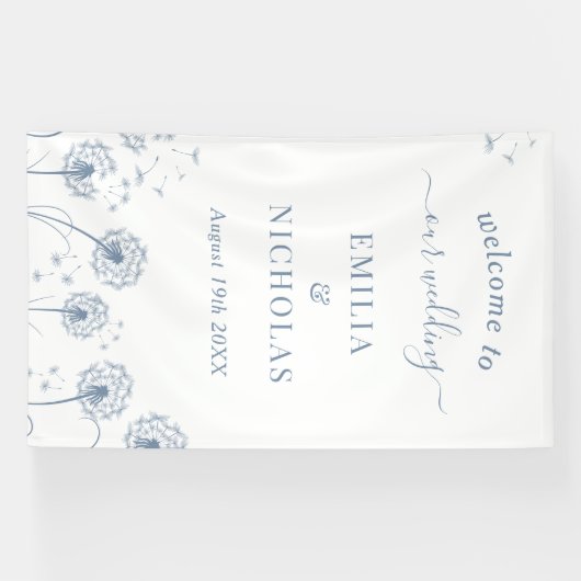 Blauwe wilde bloemen bruiloft welkom bord spandoek (Horizontaal)