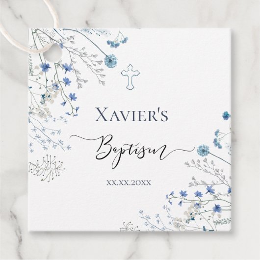 blauwe wilde bloemen Doop Bedankjes Labels (Voorkant)