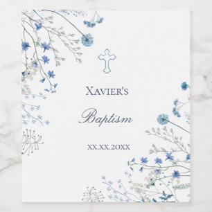 blauwe wilde bloemen Doop Wijn Etiket