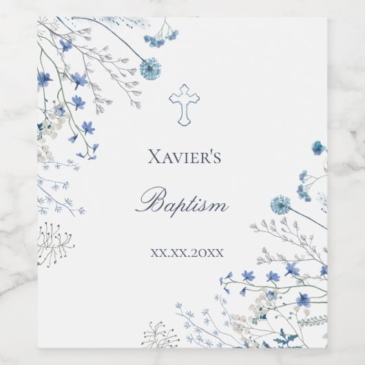 blauwe wilde bloemen Doop Wijn Etiket (Enkel label)