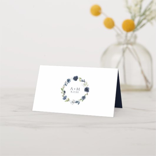 Blauwe wilde bloemen en groen huwelijk plaatskaartje (Achterkant)