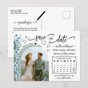Blauwe wilde bloemen Foto & kalender save the date Aankondigingskaart