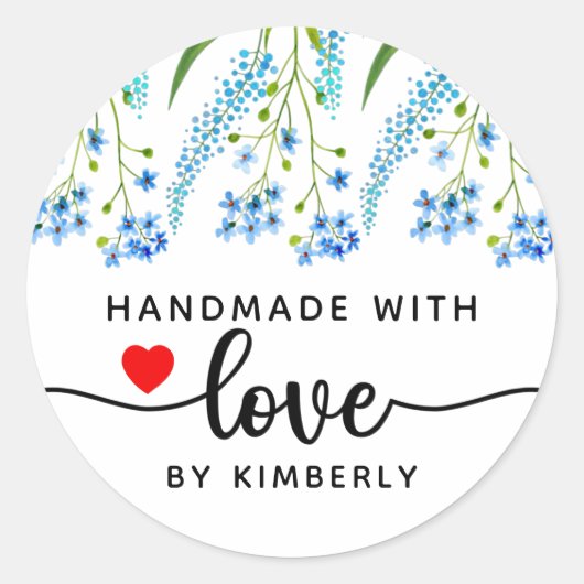 Blauwe wilde bloemen Handgemaakt met liefde Ronde Sticker (Voorkant)