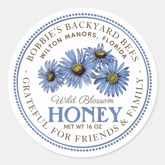 Blauwe wilde bloemen honingwijn Sticker wit (Voorkant)