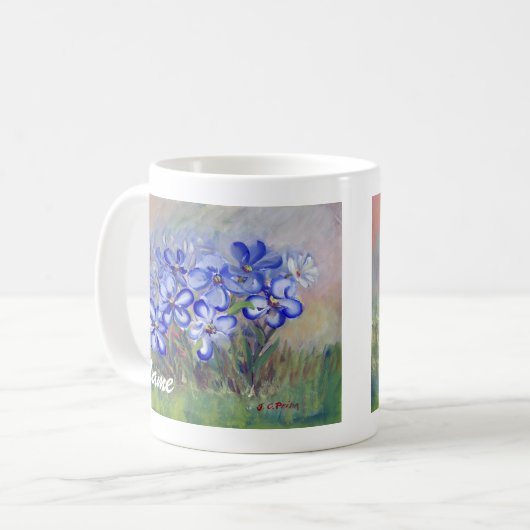 Blauwe wilde bloemen in een veldeffectschildering koffiemok (Voorkant links)