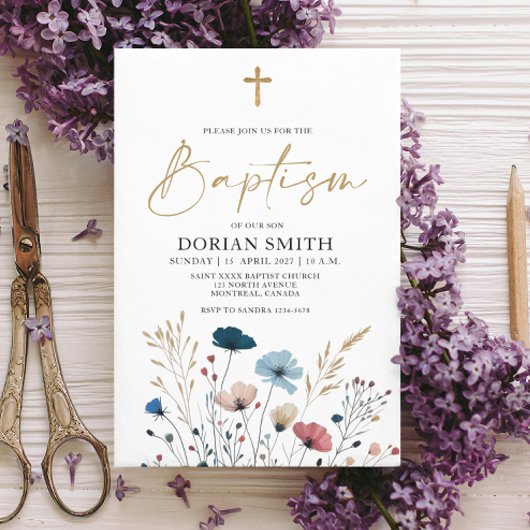 Blauwe Wilde Bloemen Jongen Doop uitnodiging