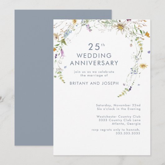 Blauwe wilde bloemen Jubileum 25e bruiloft Kaart (Voorkant / Achterkant)