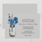 Blauwe Wilde bloemen & Mason Jar Wedding Uitnodigi Kaart (Voorkant / Achterkant)