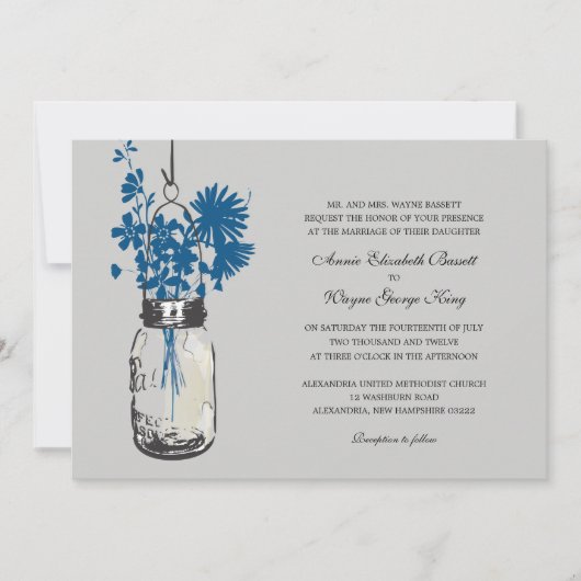 Blauwe Wilde bloemen & Mason Jar Wedding Uitnodigi Kaart (Voorkant)