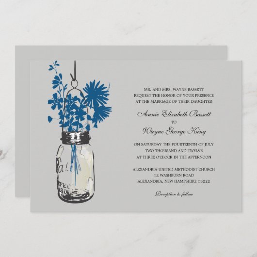 Blauwe Wilde bloemen & Mason Jar Wedding Uitnodigi Kaart (Voorkant / Achterkant)