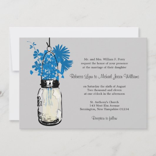 Blauwe Wilde bloemen & Mason Jar Wedding Uitnodigi Kaart (Voorkant)