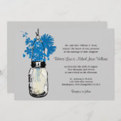 Blauwe Wilde bloemen & Mason Jar Wedding Uitnodigi Kaart (Voorkant / Achterkant)